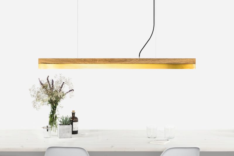 [C1o] Oak Wood & Brass Pendant Light Pendant 122CM