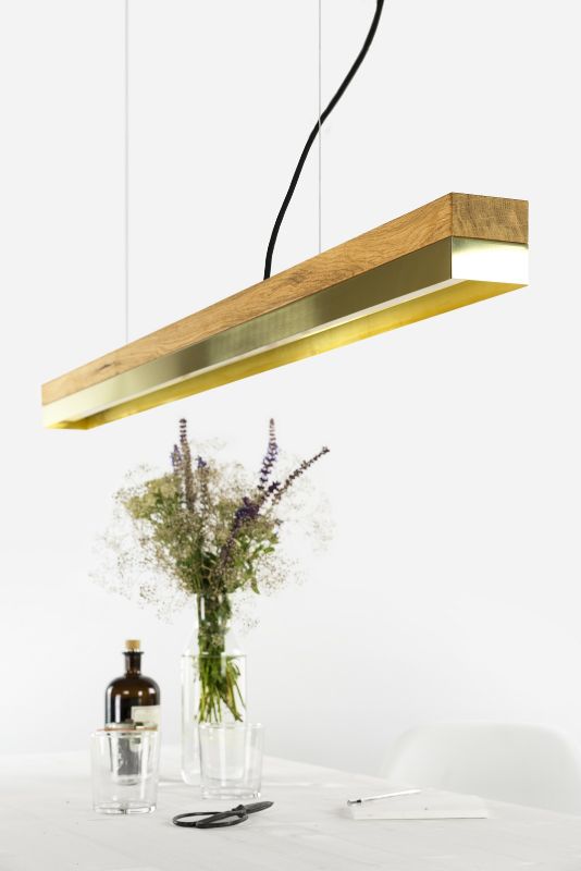 [C1o] Oak Wood & Brass Pendant Light Pendant 122CM